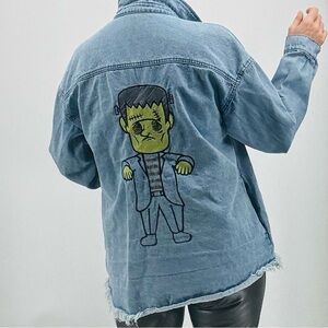 Vintage 90s Frankenstein Goth Embroidered Oversized Denim Raw Hem Shacket Shirt